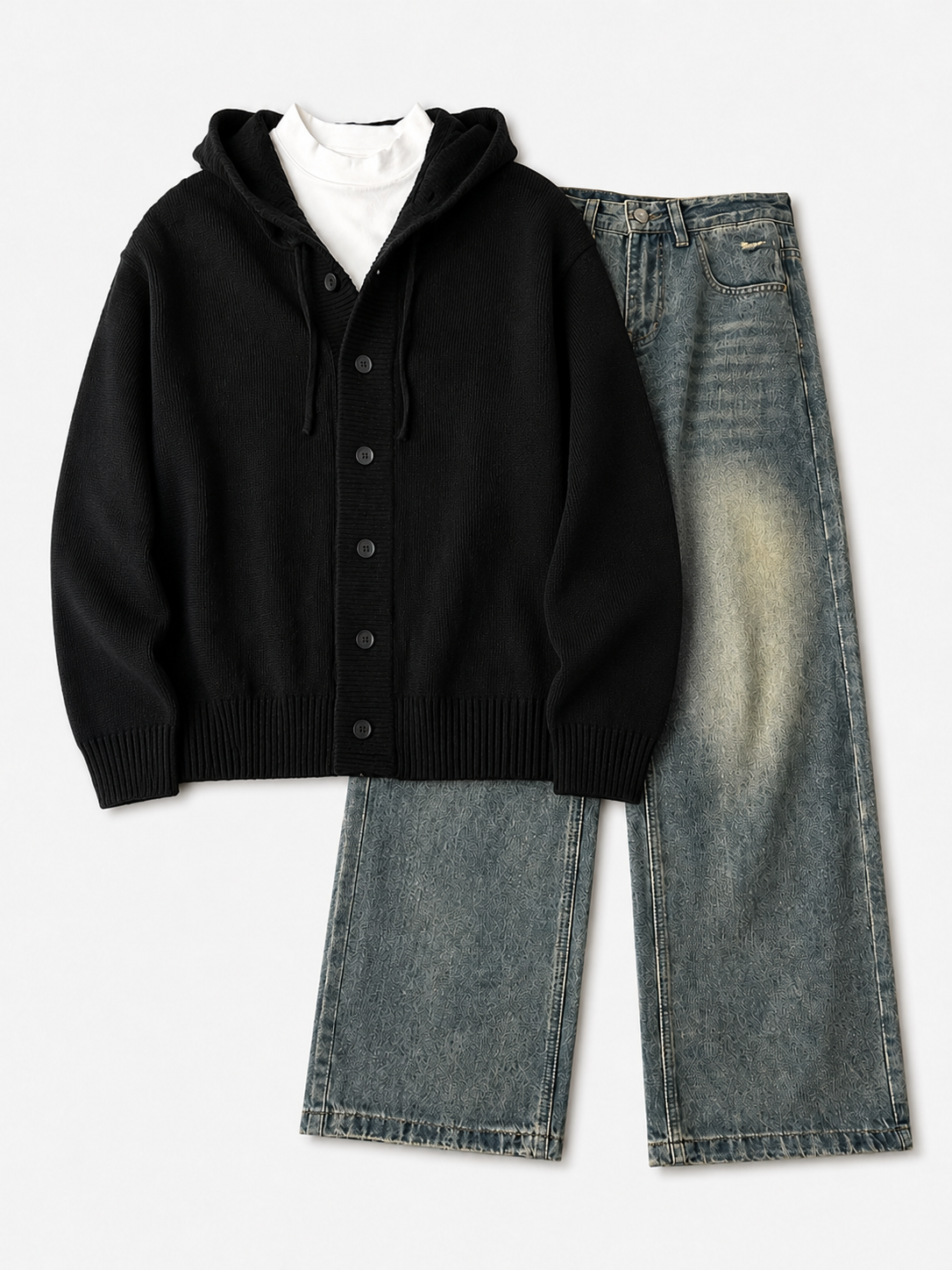 Relaxed Hooded Knit Cardigan & Wide-Leg Jeans Set