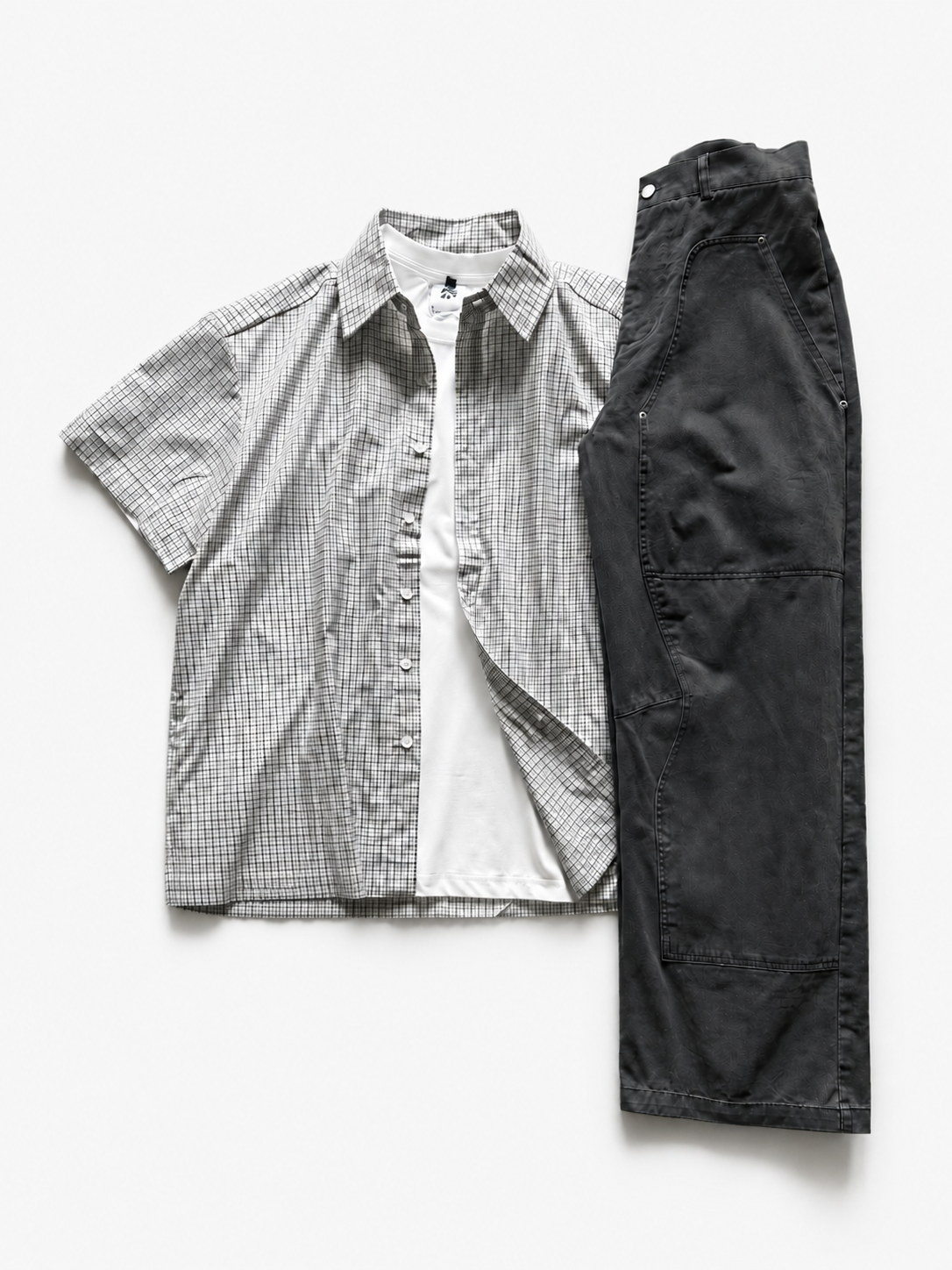 Plaid Short-Sleeve Shirt, Crewneck Tee & Cargo Pants Set