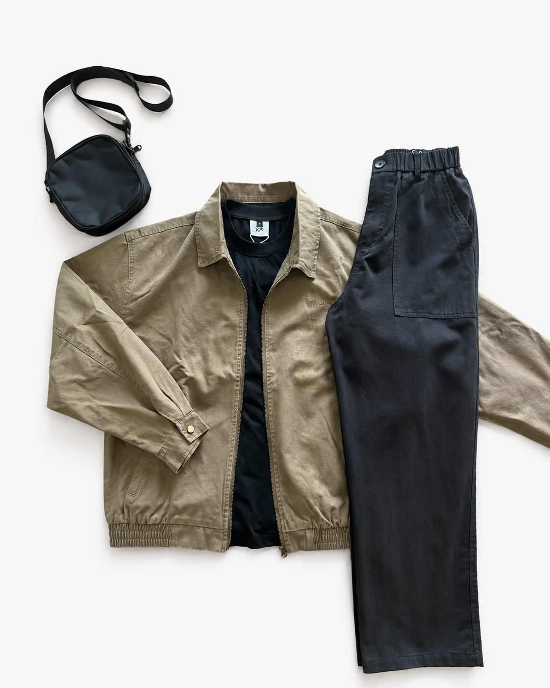 Khaki Zip-Up Jacket & Black Wide-Leg Pants Set