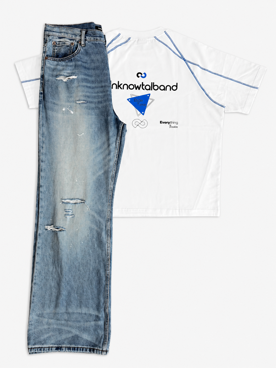 Graphic Contrast-Stitch Tee & Distressed Wide-Leg Jeans Set