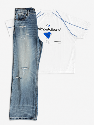 Graphic Contrast-Stitch Tee & Distressed Wide-Leg Jeans Set